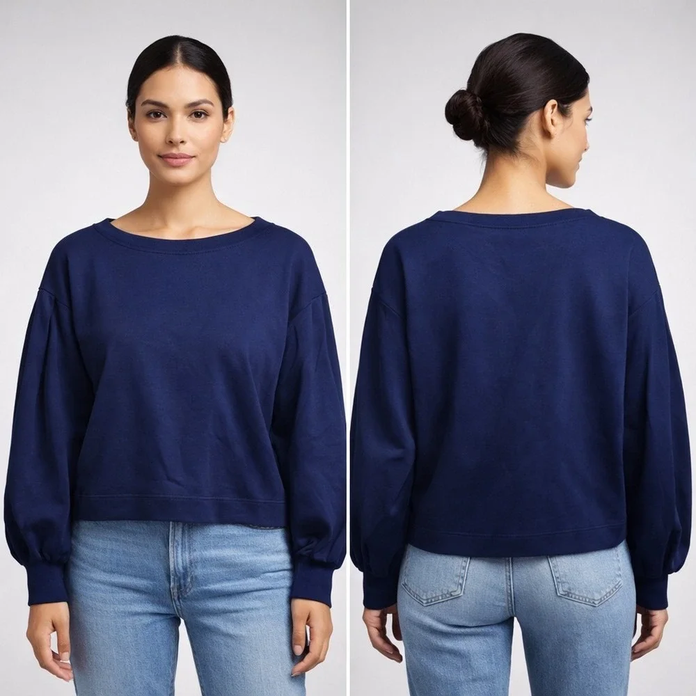 Banana Republic Navy Blue Drapey Puff Sleeve Crewneck Sweatshirt Small P‎